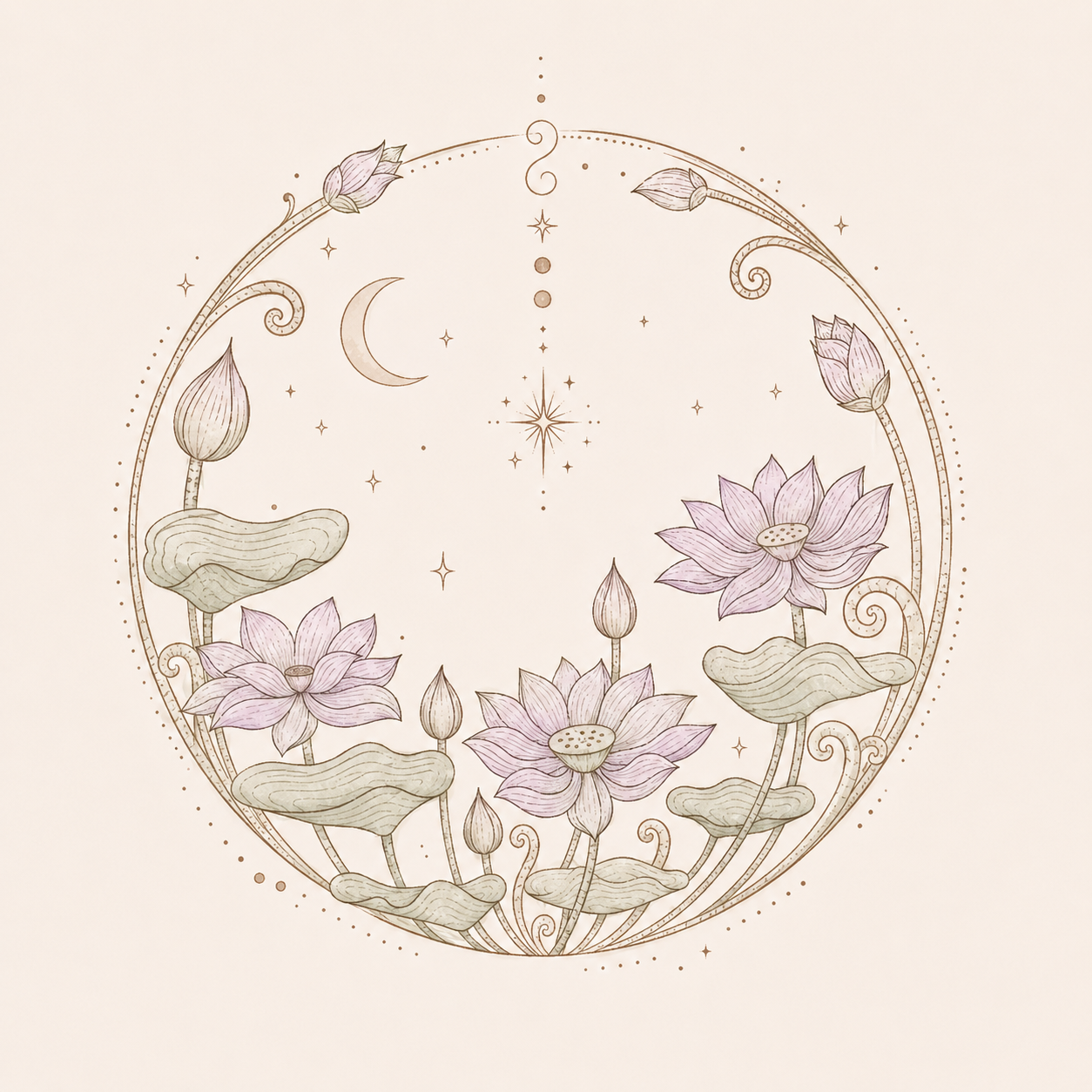Delicate line-art mandala of lotus blooms, lily pads, a crescent moon and stars in soft blush and sage tones.