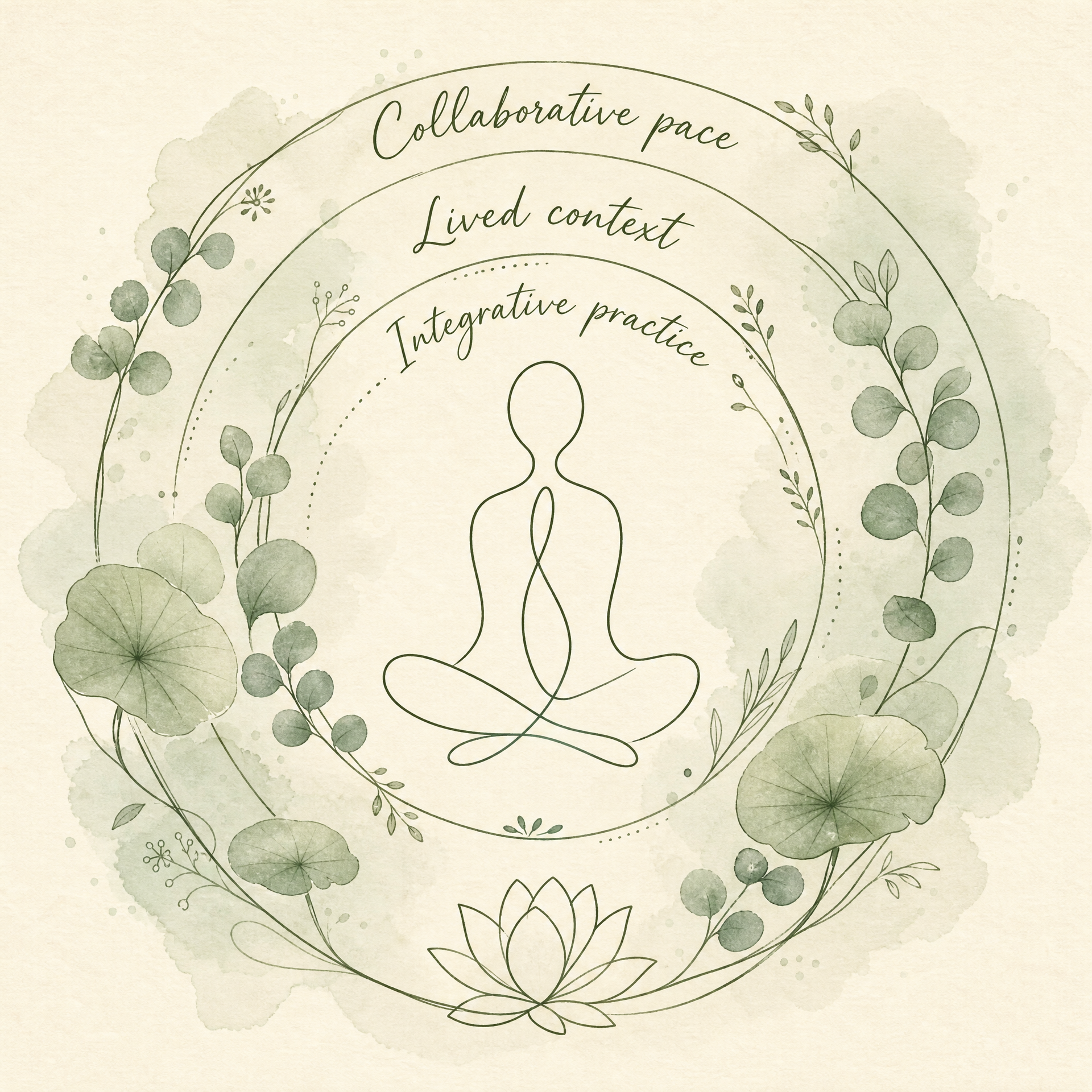 A holistic practice diagram: a single gender-neutral figure in continuous line-work sits at the centre of three concentric botanical rings labelled 'Integrative practice', 'Lived context' and 'Collaborative pace'.