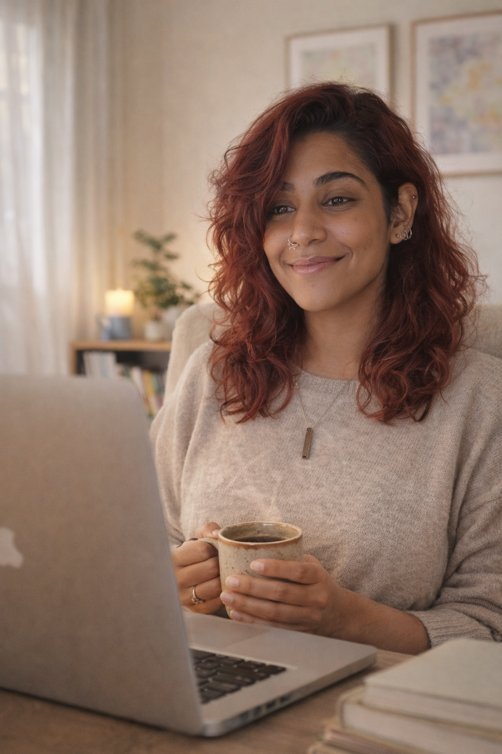 Portrait of Gayathri Ramakrishna, a counsellor with shoulder-length auburn curls in a soft neutral jumper, smiling gently while holding a warm ceramic mug at her desk in a softly lit home office.